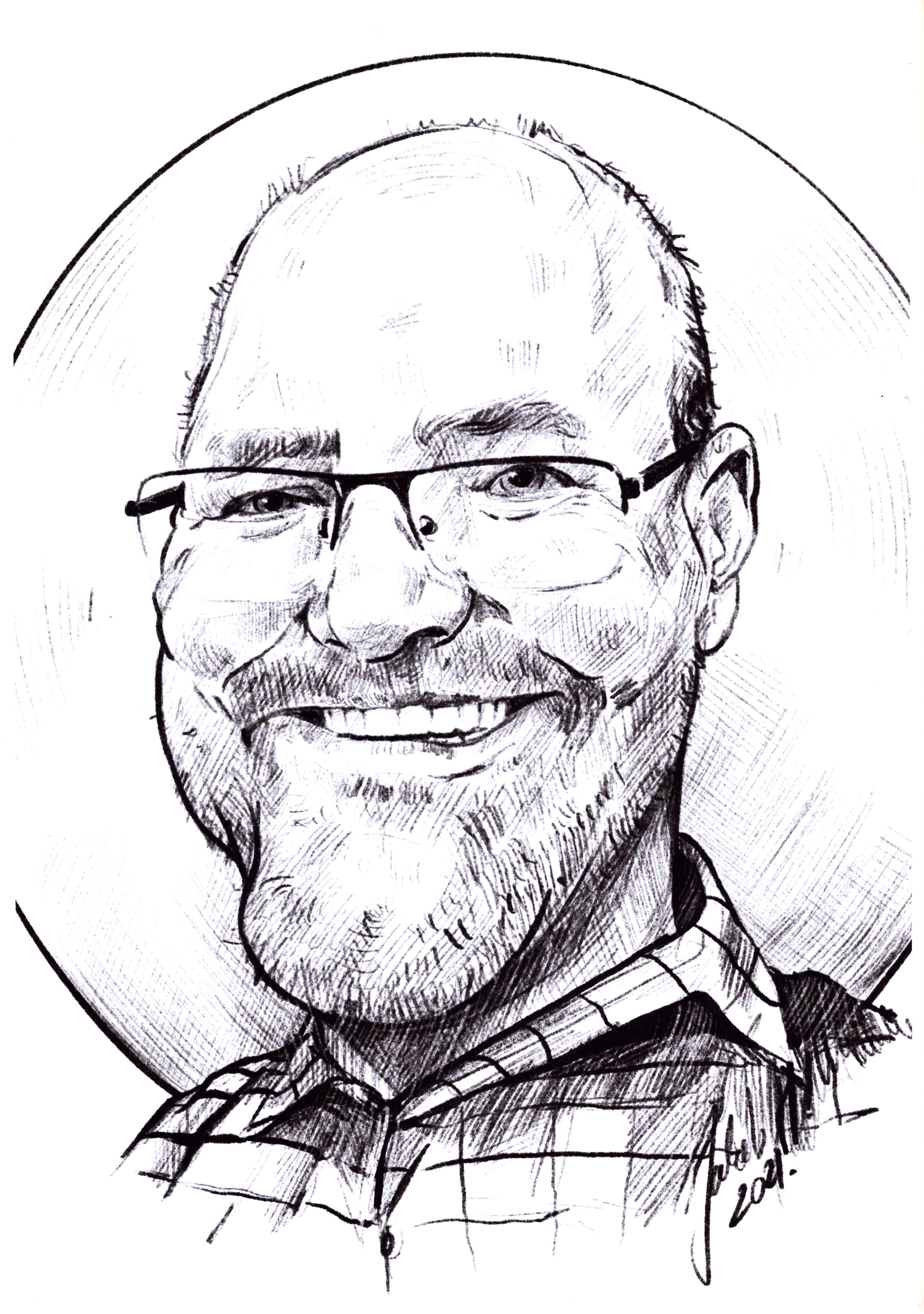 A self-portrait drawing of Zoltán Vrencian
